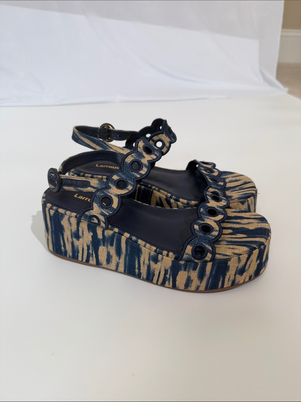 Larroude Florence Platform Wedge Sandal 7.5 Blue Ikat Print NWOT